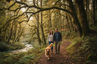 woman and husband walking t heir golden retriever in the woods